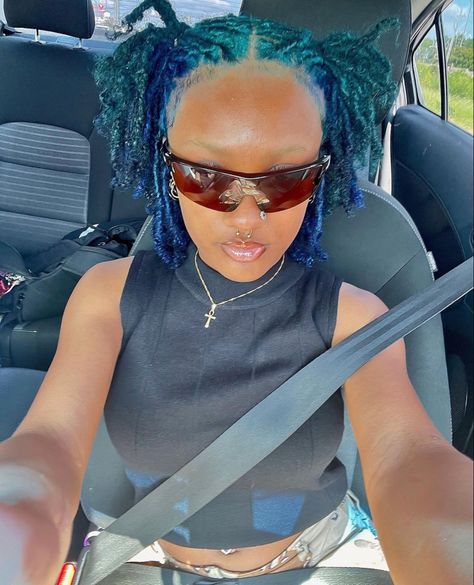 Purple Dyed Locs Black Women, Dread Locs Color Ideas Black Women, Short Locs Color Ideas, Color Combos For Locs, Loc Color Combos, Blue And Blonde Locs, Multi Color Locs, Locs Color Combo, Dyed Roots On Locs