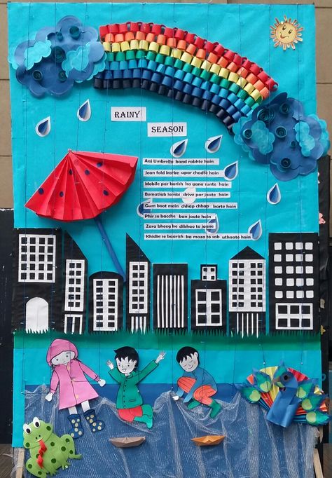 Rainy season Rainy Season Origami, Monsoon Poster Design, Monsoon Board Decoration Ideas, Rainy Season Decoration For School, Monsoon Bulletin Board Ideas, Rainy Season Bulletin Board Ideas, Rainy Season Craft For Kids, Rainy Season Board Decoration Ideas, Rainy Season Craft