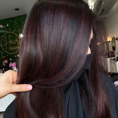 Dark Brown Hair With Red Lowlights, Red Highlights In Brown Hair, Red Balayage Hair, Purple Balayage, Highlights For Dark Brown Hair, Red Hair With Highlights, Black Red Hair, Highlights Curly, Haircut Inspo