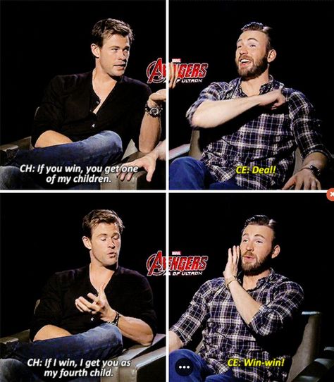 Chris Evans & Chris Hemsworth's 'Age of Ultron' Interviews Prove That They Have The Best Bromance Avengers Humor, Avengers Cast, Funny Marvel Memes, Dc Memes, Dc Movies, Avengers Memes, Marvel Actors, Age Of Ultron, Jeremy Renner