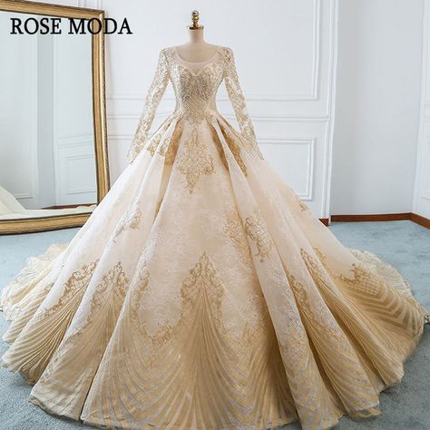 Fest Outfits, Gold Wedding Dress, Wedding Dress Champagne, 파티 드레스, Fairy Dresses, Long Sleeve Wedding Dress Lace, Lace Wedding Dresses, Sleeve Wedding Dress, Beauty Dress