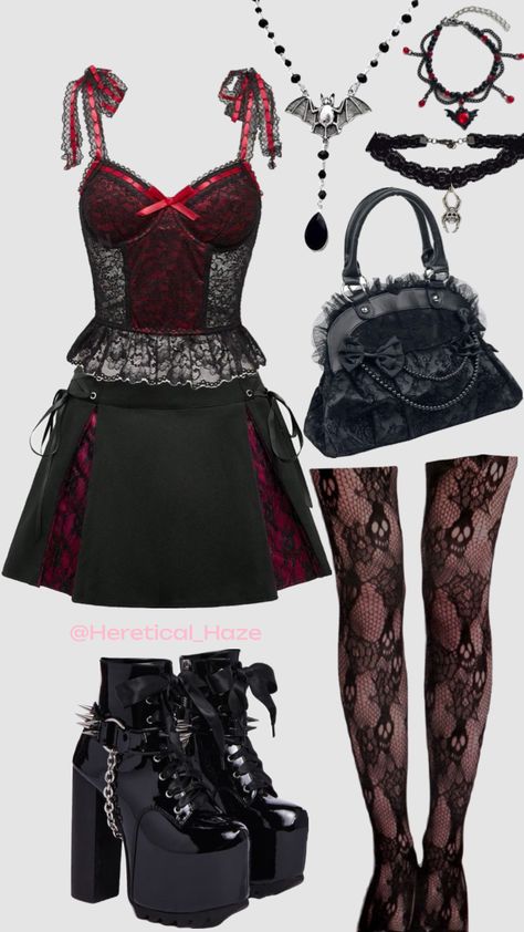 Black and red goth outfit Red Grunge Outfit, Red Goth Outfits, Killstar Clothing, Red Goth, Red And Black Outfits, Punk Style Outfits, Goth Outfit, Glam Outfit, Swaggy Outfits