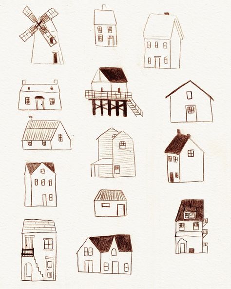 Sketching houses today! I love exploring shapes either from imagination or in this case from images sketched out quickly, this way I have a library of shapes I could use in bigger pieces later. Do you like creating shape libraries for later use? ☺️ . . . . . #art #illustration #drawing #traditionalart #traditionalillustration #linelgouache #gouache #gouacheillustration #watercolorart #sketch #sketchbook #sketchbooks #childrensillustration #childrensbooks #childrensbookillustration #pictureboo... Tiny House Sketch, Tiny House Illustration, House Aesthetic Drawing, Book Aesthetic Illustration, House Illustration Simple, Tiny House Drawing, How To Draw A House, Simple House Sketch, Cute House Drawing