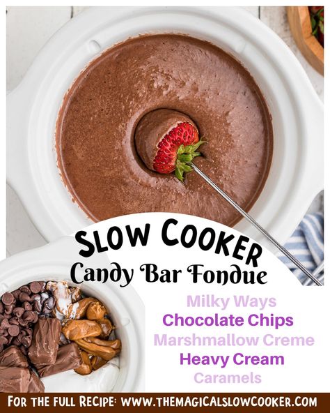 Candy Bar Fondue, Caramel Fondue, Slow Cooker Candy, Crockpot Desserts, Chocolate Fondue Recipe, Bake Sweets, Magical Slow Cooker, Leftover Candy, Crock Pot Dips