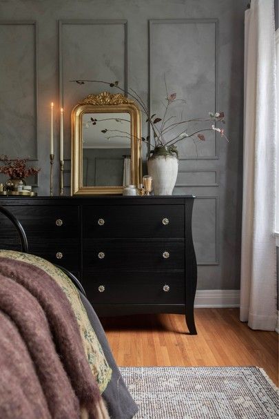 Moody Bedroom Mirrors, Lone Fox Marie Bedroom, Dark Wood French Country Bedroom, French Provincial Moody Bedroom, Moody French Provincial Decor, Moody French Provincial Bedroom, Romantic Moody Bedroom, Moody Feminine Bedroom, Room Inspiration Bedroom Cozy