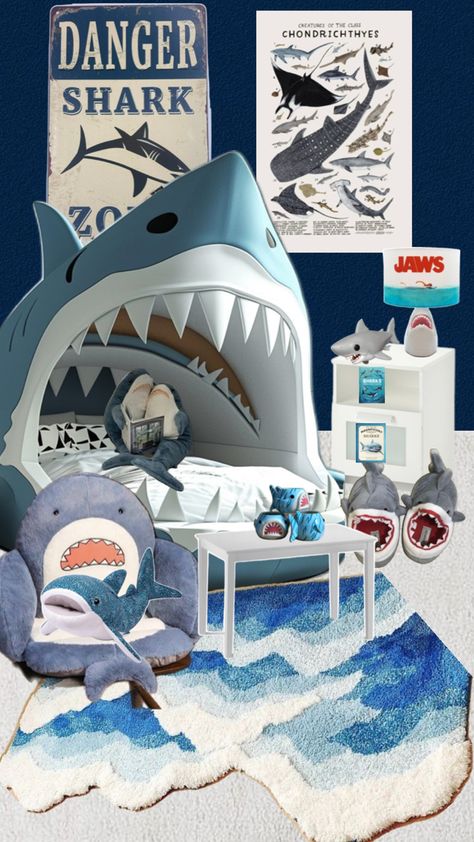 It’s got my favourite things Shark Themed Bedroom, Shark Bedroom, Shark Room, Shark Week Party, Themed Bedroom, Bedroom Idea, My Favourite Things, Shark Week, White Sharks