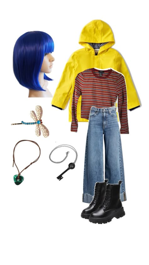 Coraline Diy Costume, Coraline Costume Aesthetic, Coraline Costume Ideas, Coraline Costume Diy, Blue Hair Costume Ideas, Diy Coraline Costume, Last Minute Diy Halloween Costumes Women, Movies Costumes Ideas, Last Minute Halloween Costumes For Women Diy