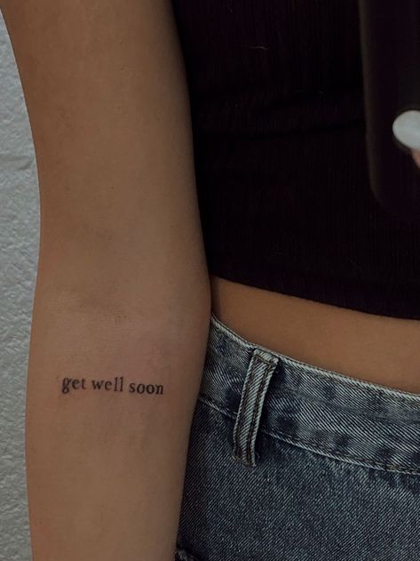 Get Well Soon Tattoo, Ariana Grande Get Well Soon, Soon Tattoo, Tattoed Heart, Grande Tattoo, Times New Roman Font, New Roman Font, Ariana Grande Tattoo, Song Tattoos