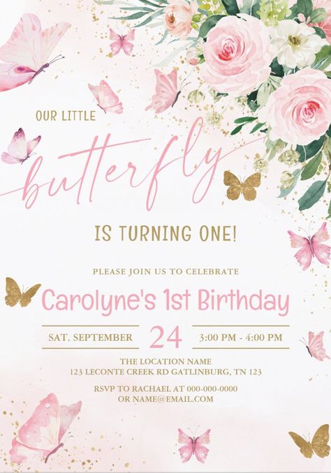 Little butterfly is turning one! Cute 1st birthday party invitations for girls featuring lovely watercolor butterflies and blush pink roses. afflink Baby Girl First Birthday Butterfly Theme, Butterfly 1st Birthday Party, Kids Branding Design, Butterfly 1st Birthday, Birthday Invitation Card Template, Watercolor Butterflies, Floral Birthday Invitations, Girls Party Invitations, Garden Baby Showers