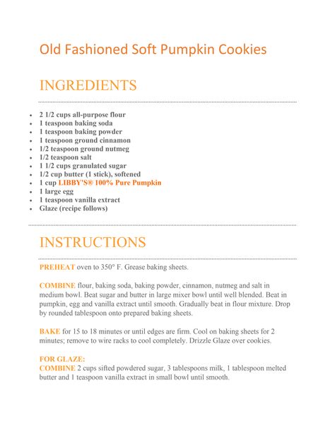 Old Fashioned Soft Pumpkin Cookies.docx Soft Pumpkin Cookies, Glaze Recipe, Ground Nutmeg, Pumpkin Cookies, Cookies Ingredients, Baking Sheets, Ground Cinnamon, Pumpkin Puree, Vanilla Extract