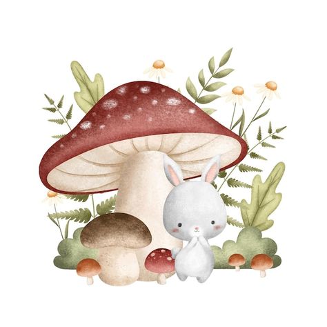 Stellaart Author Portfolio | Freepik Woodland Illustration Forest, Illustration Mushroom, Mushroom Forest Illustration, Illustration Rabbit, Watercolor Mushroom Forest, Autumn Woodland Illustration, Woodland Mushroom Illustration, Woodland Animals Theme, Forest Illustration