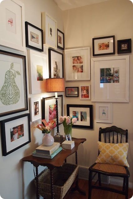 gallery wall 3 Corner Gallery Wall, Stairway Gallery Wall, Photo Wall Display, Eclectic Gallery Wall, Framed Pictures, Deco Originale, Corner Wall, Black Doors, Picture Hanging