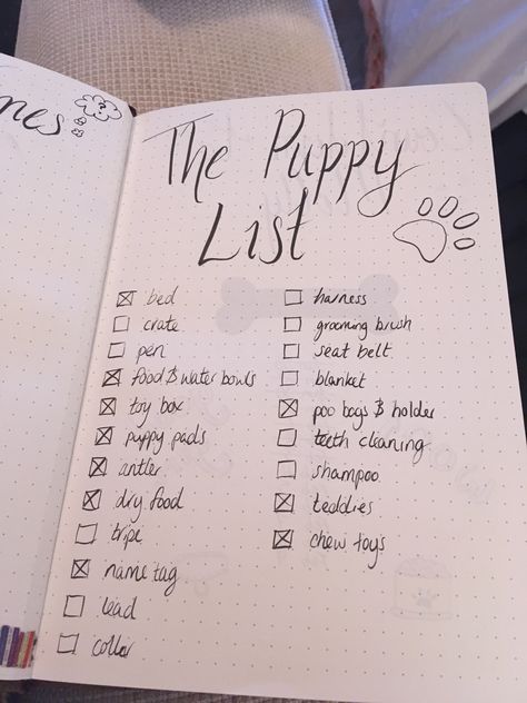 New puppy list to get bullet journal Dog Journal, Dog Supplies List, Bullet Journal Topics, Puppy Schedule, Puppy List, Dog Walking Business, Hogwarts Acceptance Letter, Journal Topics, Bullet Journal 2020