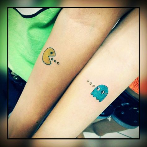 Pacman Ghost Tattoo, Pac Man Tattoo, Pacman Tattoo, Matching Tattoo Ideas, Ghost Tattoos, Liverpool Tattoo, Pacman Ghost, Los Angeles Tattoo, Miami Tattoo