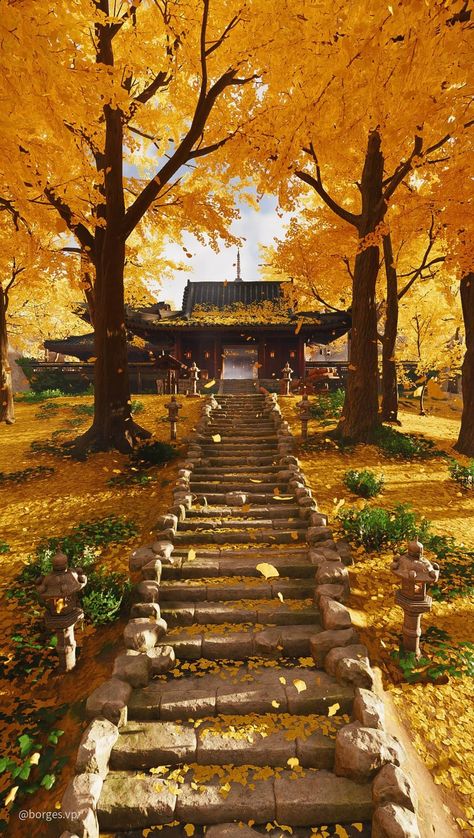 Japan Autumn, Pixel Art Landscape, Asian Aesthetic, Yellow Garden, Fall Background, Ghost Of Tsushima, Lock Screens, Samurai Art, Japanese Aesthetic