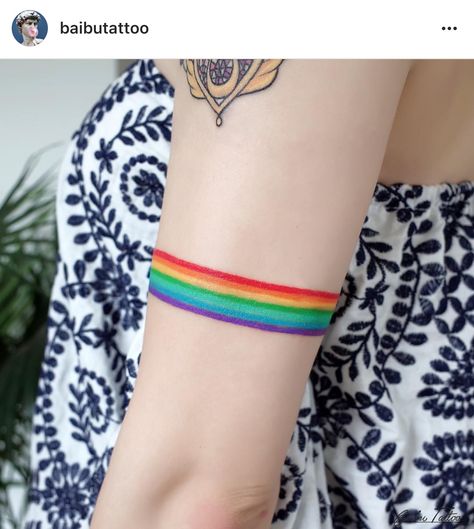 Rainbow Band Tattoo, Rainbow Bracelet Tattoo, Rainbow Bright Tattoo Ideas, Lgbtq Pride Tattoo Ideas, Lgtbq Tatoos, Rainbow Tattoos Pride, Stripe Tattoo, Rainbow Tattoo, Minimal Tattoo Ideas