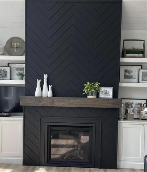 Black Statement Fireplace, Black Shiplap Fireplace With Stone, Fireplace Tile Black, Two Story Black Fireplace, Fireplace With Black Tile, Fireplace Tile Surround Modern, Black Chimney, Black Herringbone Fireplace, Fireplace Wall Ideas Tile