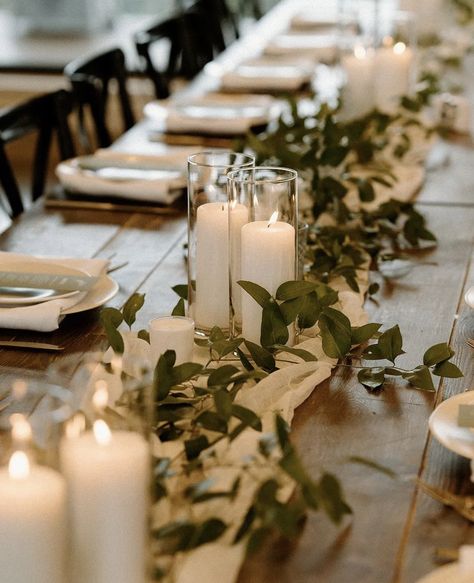 Long Table Centrepiece Ideas, Head Table Greenery And Candles, Simple Rectangle Wedding Table Decor, Greenery Centerpiece Long Table, Long Wood Table Centerpieces, Simple Long Table Decor, Centerpieces Wedding Long Table, Candle Centerpieces Wedding Long Table, Greenery On Table