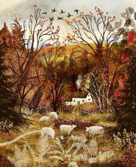 Sheep Illustration, Apple Trees, Autumn Illustration, Cottage Art, Fall Pictures, Naive Art, Autumn Art, Autumn Aesthetic, Fall Wallpaper