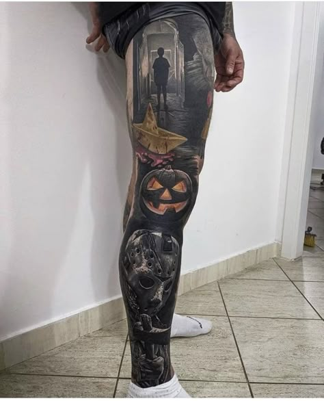 Galaxy Tattoo Sleeve, Tattoo Pierna, Horror Movie Tattoos, Artsy Tattoos, Heaven Tattoos, Full Leg Tattoos, Skull Sleeve Tattoos, Black White Tattoos, Movie Tattoos