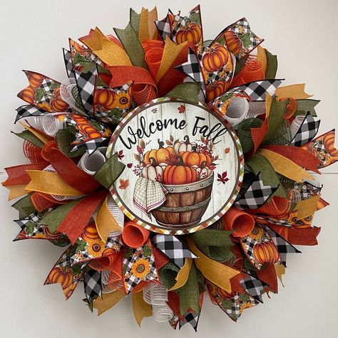 Farmhouse Wreath Fall Wreath for Front Door Rustic Country - Etsy Front Door Rustic, Diy Wreath Bow, Rustic Country Decor, Ribbon Streamers, Fall Mesh Wreaths, Fall Deco Mesh Wreath, Farmhouse Theme, Fall Wreath For Front Door, Fall Deco Mesh