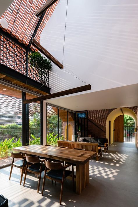 block architects encloses house in vietnam with patterned brick shell Floor Plan Drawing, Brick Architecture, Tropical House, Architect House, Traditional Architecture, Residential Architecture, Contemporary House, Ground Floor, Picture Gallery