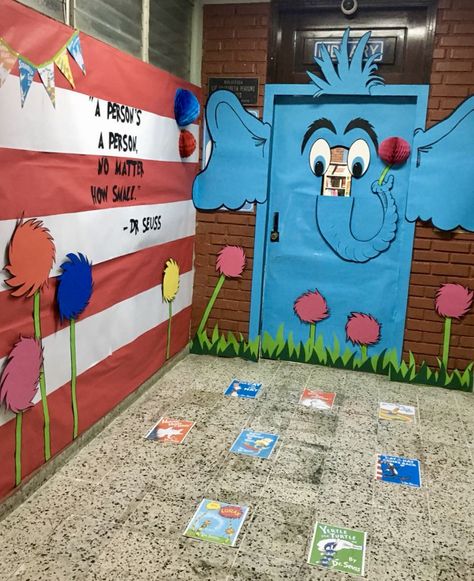 Horton who Hears a Who!  Dr. Seuss Day. Horton Hears A Who Decorations, Dr Seuss Decorations School, Dr Seuss Decor, Dr Seuss Door Decorating Ideas Teachers, Dr Seuss Classroom Door Decorations, Homecoming Hallways, Dr Seuss Classroom Door, Seuss Decorations, Kindergarten Registration