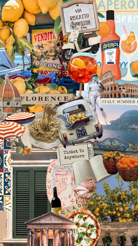 #italy #italiansummer #positano #amalfi #beauty #wallpaper #vibes # Italian American Aesthetic, Wallpaper Vibes, Travel Collage, Orange Color Palettes, Beauty Wallpaper, Pop Art Wallpaper, Collage Poster, Italian Summer, Summer Wallpaper