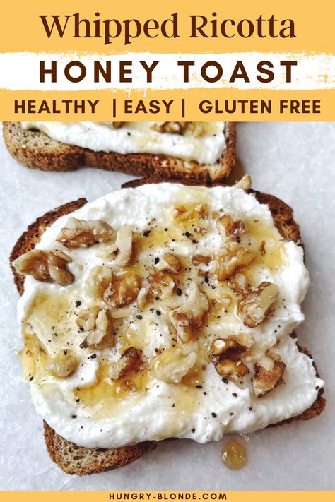 This amazing gluten free breakfast idea is about to be your favorite easy recipe with just 5 ingredients and less than 10 minutes to make! The combination of ricotta cheese and honey is so flavorful and incredibly creamy. Top with crushed walnuts for the most satisfying crunch! This recipe is also the perfect healthy snack or make an easy appetizer that will wow your party guests! Ricotta Snacks Healthy, Ricotta Cheese Toast Recipes, Healthy Meals With Ricotta Cheese, Snacks With Ricotta Cheese, Ricotta Healthy Recipes, Breakfast With Ricotta Cheese, Ricotta Cheese Snacks, Easy Breakfast Ideas Gluten Free, Healthy Recipes With Ricotta Cheese