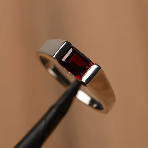 Buy Garnet Wedding Solitaire Ring Sterling Silver Emerald Cut Horizontal Ring January Birthstone Online in India - Etsy Rectangular Stone Ring, Gems Rings, Garnet Wedding, Elegant Rings, Unique Promise Rings, January Birthstone Rings, Garnet Engagement Ring, Pinterest Wedding, Cushion Cut Ring