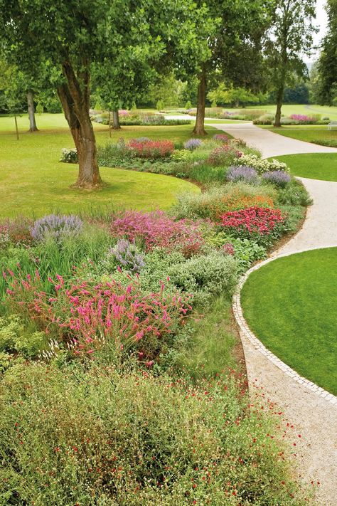 Curving planting beds frame lawn areas beautifully. Piet Oudolf ~ Gräflicher Park, Bad Driburg in North Rhine-Westphalia, Germany. Oudolf Piet, Portrait Illustrator, Piet Oudolf, Landscape Architecture Design, Garden Landscape Design, Public Garden, Garden Tours, Garden Landscape, Garden Borders