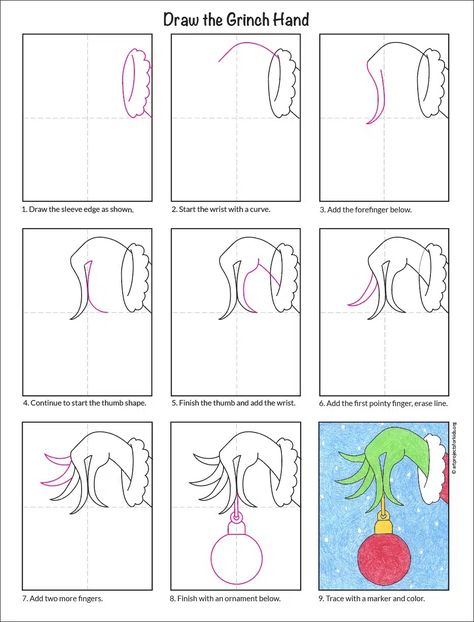 Easy Grinch Hand Drawing Tutorial & Grinch Hand Coloring Page Grinch Hand Drawing, Grinch Drawing Easy, Hand Drawing Easy, Draw The Grinch, Hand Drawing Tutorial, Immagini Grinch, Grinch Drawing, O Grinch, Grinch Coloring Pages