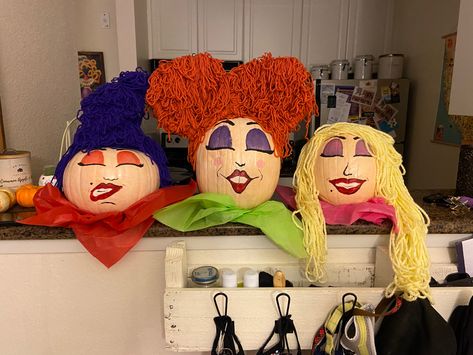 Sanderson Sisters Scarecrows, Sanderson Sister Diy Crafts, Sanderson Sisters Birthday Party, Painted Hocus Pocus Pumpkins, Hocus Pocus No Carve Pumpkin, Hocus Pocus Decorated Pumpkins, Hocus Pocus Painted Pumpkin Ideas, Sanderson Sister Painted Pumpkins, Hocus Pocus Pumpkins Painting