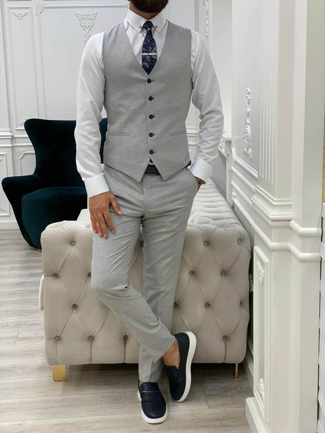 Vest And Pants, Light Grey Suits, Slim Fit Suit Men, Pants Gift, Suit Material, Lapel Jacket, Grey Vest, Plaid Suit, Slim Fit Suits