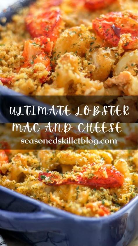 Ultimate Lobster Mac and Cheese is a delicious cheesy baked pasta recipe featuring an indulgent 4 cheese sauce, chunks of tender fresh lobster, al dente pasta and baked until golden brown to create the most delicious comforting dish! It’s the perfect main course or side dish that everyone will love! Lobster Mac And Cheese Recipe, Cheesy Baked Pasta, Lobster Mac N Cheese Recipe, Baked Pasta Recipe, Seafood Mac And Cheese, Lobster Pasta, Lobster Dishes, Easy Cheese Recipes, Lobster Mac