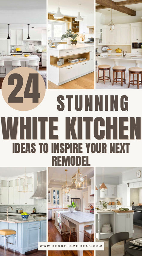 Get inspired by 24 stunning white kitchen designs that showcase timeless elegance and versatility. Featuring clean lines, eye-catching textures, and smart layouts, these kitchens are perfect for any style, from classic to contemporary. Which fresh, bright idea will spark your remodel? White Kitchen Cabinets Inspiration, White Cabinets In Kitchen Ideas, White And Gold Kitchen Inspiration, White Islands In Kitchen, Modern Luxury Kitchen Design White, Dream Kitchens Design White, How To Decorate An All White Kitchen, Kitchen Ideas White Countertops, Kitchen Inspo White Cabinets