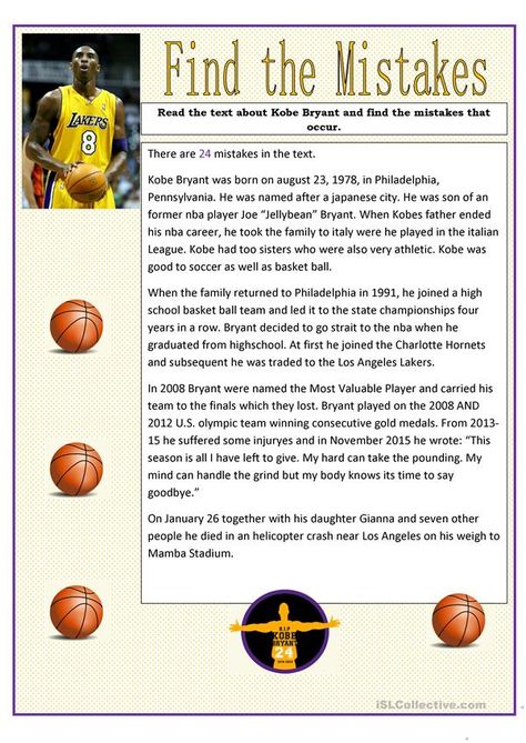 Find the Mistakes: Kobe Bryant - English ESL Worksheets Editing Practice Worksheets, Punctuation Worksheets, Sentence Correction, Recreation Therapy, Grammar Mistakes, Language Goals, English Grammar Worksheets, Grammar Practice, Writing Classes