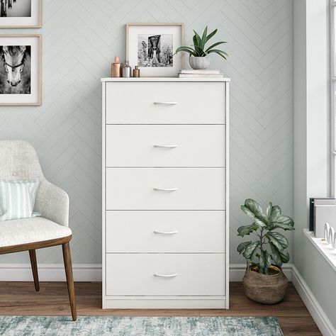 5 Drawer Storage, Contemporary Bedrooms, Dresser White, White Drawers, 5 Drawer Dresser, Bedroom Cabinets, White Dresser, Organized Living, Drawer Hardware