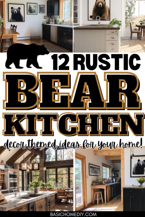 Discover 12 rustic bear kitchen decor themed ideas that bring cozy, lodge-inspired style to your space. Perfect for lake cabin kitchens, this collection of wall art, fun bear signs, and retro wall shelves adds a Black Forest feel with black, white, and brown bear accents. Whether you're revamping a hunting camp or giving your country kitchen a cottage-core makeover, these ideas blend modern lodge style with cozy log cabin warmth. Ideal for an old farmhouse style or a modern lodge kitchen decor. Modern Lodge Kitchen, Lake Cabin Kitchen, Lodge Kitchen Decor, Cabin Kitchens Rustic, Cabin Style Kitchen, Old Farmhouse Style, Cozy Cabin Kitchen, Cabin Kitchen Ideas, Modern Lodge Style