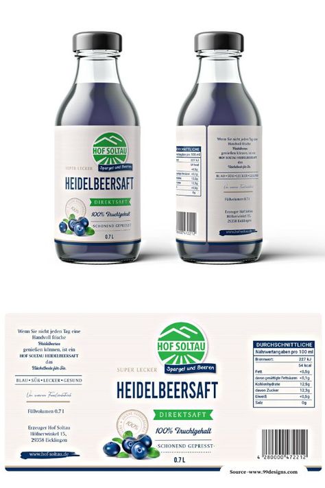 Heidelbeersaft Juice label design ideas for blackberry fruits. #juicpackaging #labeldesign #creativelabeldeisgn #Bestlabeldesign Juice Label Design Ideas, Juice Label Design, Can Label Design, Label Design Ideas, Fruit Juice Packaging, Juice Label, Fruit Labels, Juice Packaging, Bottle Label Design