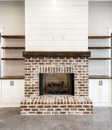 Brick And Shiplap, Red Brick Fireplaces, Brick Fireplace Makeover, Fireplace Built Ins, Family Room Fireplace, Farmhouse Fireplace, Living Room Update, Fireplace Remodel, Fireplace Ideas