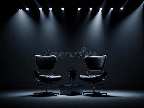 Two chairs and spotlights in podcast or interview on black background. ai generative stock photography Podcast Chairs, Podcast Setup Ideas Background, Podcast Lighting Setup, Podcast Backdrops, Podcast Background Ideas, Black Podcast Studio, Interview Background, Podcast Studio Aesthetic, Video Podcast Studio Design Ideas