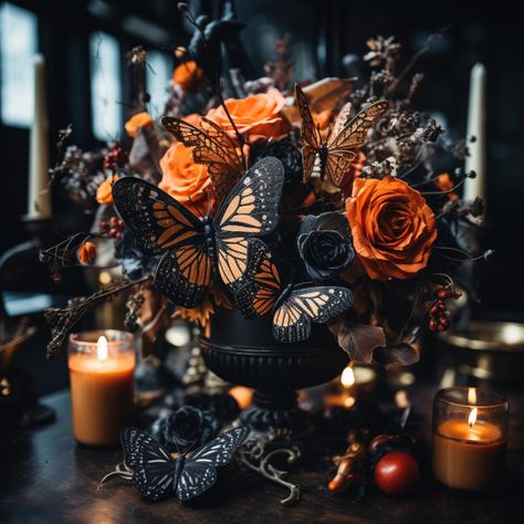 Enchanted Halloween Centerpieces and Tablescapes: Dark Academia and Butterflies – A Sparkly Life for Me Dark Academia Flower Arrangement, October Tablescapes, Indoor Halloween Decor Ideas, Halloween Flower Arrangements, Butterflies Theme, Enchanted Halloween, Halloween Centerpieces, Indoor Halloween Decor, Butterfly Halloween