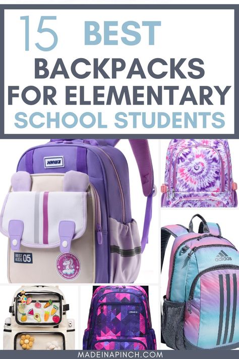 Pin image with collage of five different recommended backpacks for elementary school students. The image is completed with text overlay. Girls Backpacks For School, Best Kids Backpacks, Kids Saving Money, Best Backpacks For School, Best Backpacks, School Trends, Kids School Supplies, Back To School Hacks, Kids School Backpack