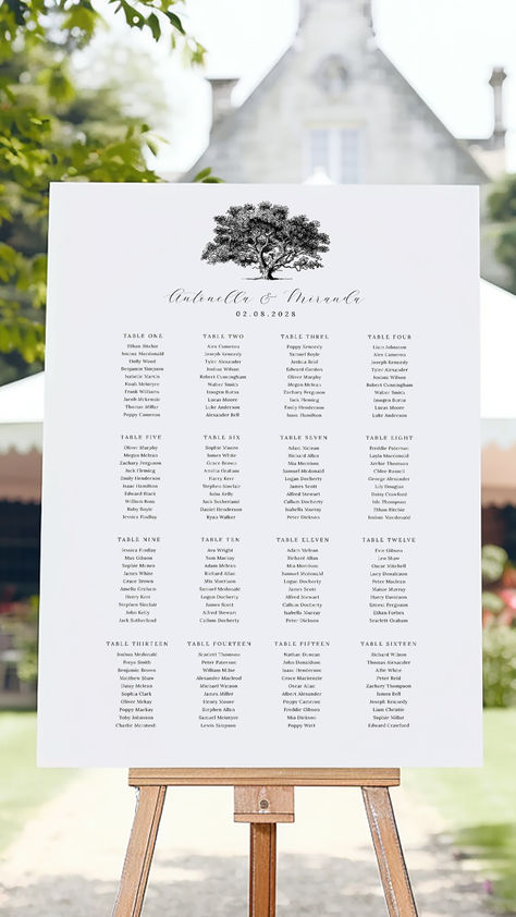 Rustic wedding seating plan featuring a hand-drawn tree illustration. Ideal for nature-themed, outdoor weddings, with fully customisable guest names and table arrangements. Simple and elegant design available for personalisation at UtterlyPrintable.com. Assigned Seating Wedding, Wedding Table Plans, Drawn Tree, Rustic Wedding Seating, Wedding Seating Plan, Seating Plans, Table Assignments, Nature Inspired Wedding, Wedding Table Plan