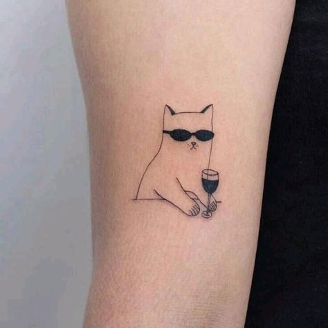 Funny Small Tattoos, Minimalist Cat Tattoo, Wine Glass Tattoo, Wine Tattoo, Glass Tattoo, Glasses Tattoo, Cat Tattoos, Badass Tattoos, Funny Tattoos