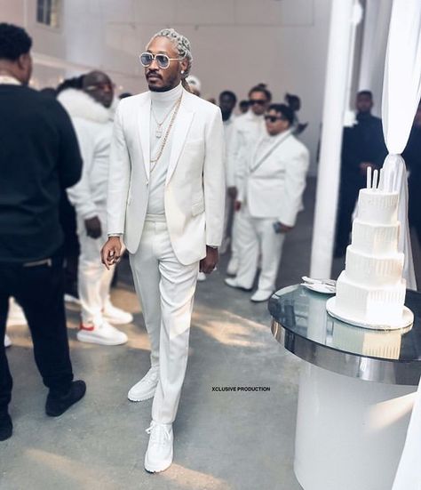 White Suit With Turtleneck Men, All White Affair Outfits Men, All White Black Mens Outfit, Prom Turtleneck Men, White Turtleneck Outfit Men Formal, Mens White Turtleneck Outfit, All White Formal Outfit For Men, Winter Wonderland Outfit Men, Rappers In Suits