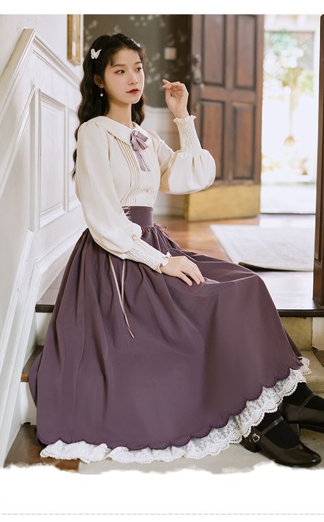 Old Style Dresses, Purple Cottagecore, Long Lace Skirt, Op Dress, Classic Lolita, Blouse Skirt, Corset Lace, Lolita Dress, Dress Suits