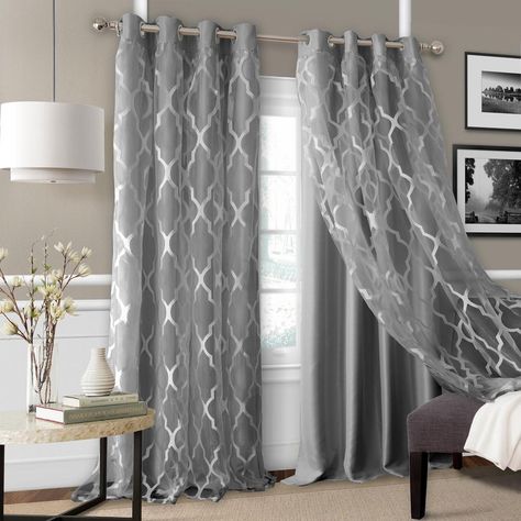 Elrene Bethany Blackout with Sheer Overlay Single Window Panel in Gray - 52 in. W x 84 in. L Living Room Decor Curtains, Sheer Curtain Panels, Curtains Living, Custom Drapes, Modern Curtains, Sheer Overlay, Home Curtains, Curtain Designs, Grommet Curtains