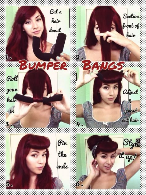 PinUp Hairstyle ~ Once upon a time Cabelo Pin Up, Bumper Bangs, Pinup Hair, Bangs Tutorial, 50s Hairstyles, Media Makeup, Rockabilly Hair, Pinup Style, Pin Up Hair